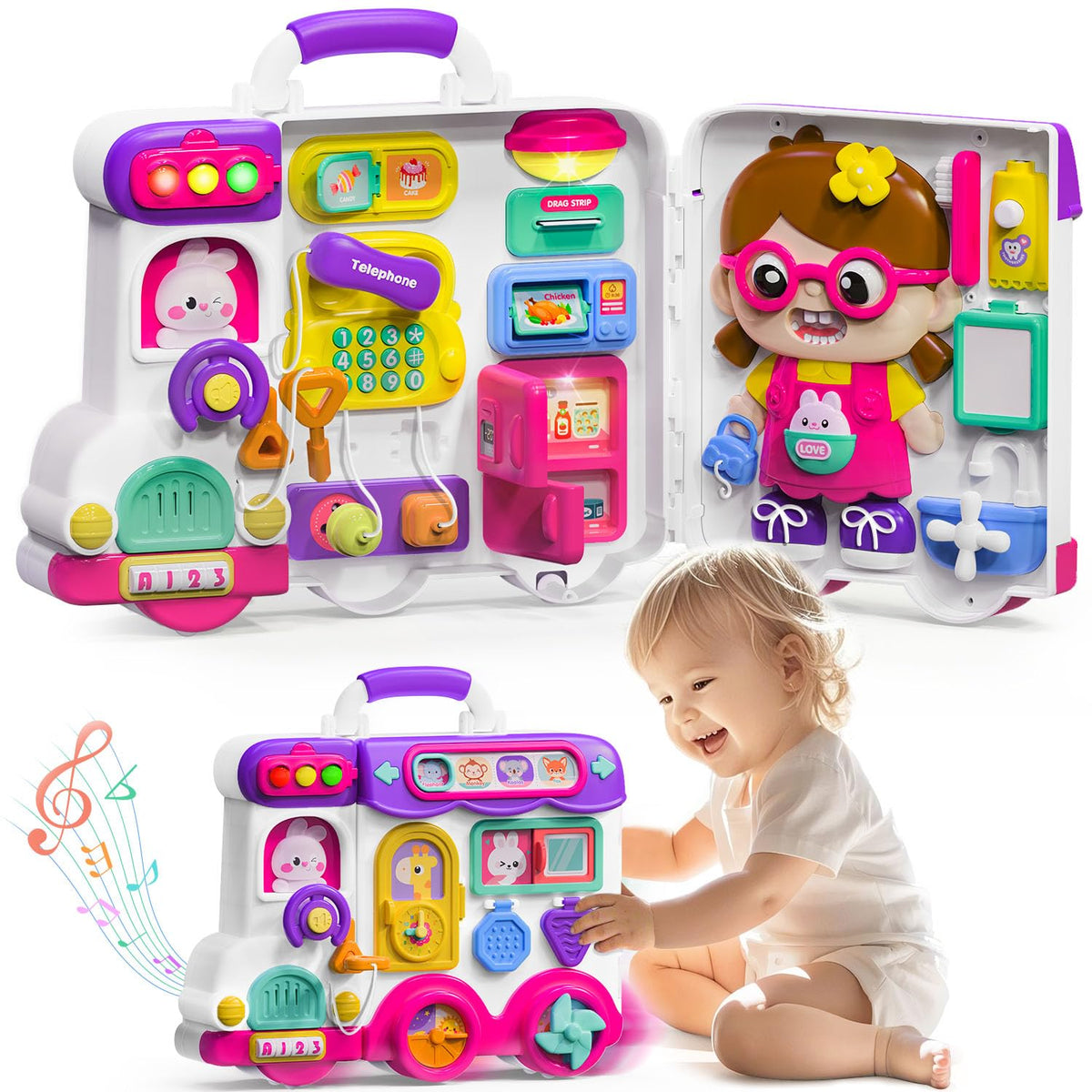 VOILBTOY Busy Board with colorful cartoon design promotes engaging early learning.