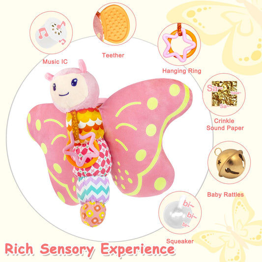 VOILBTOY butterfly crinkly wings provide tactile exploration and sound.