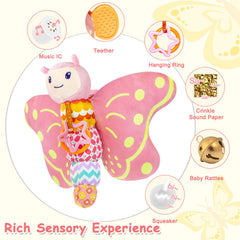 VOILBTOY butterfly crinkly wings provide tactile exploration and sound.