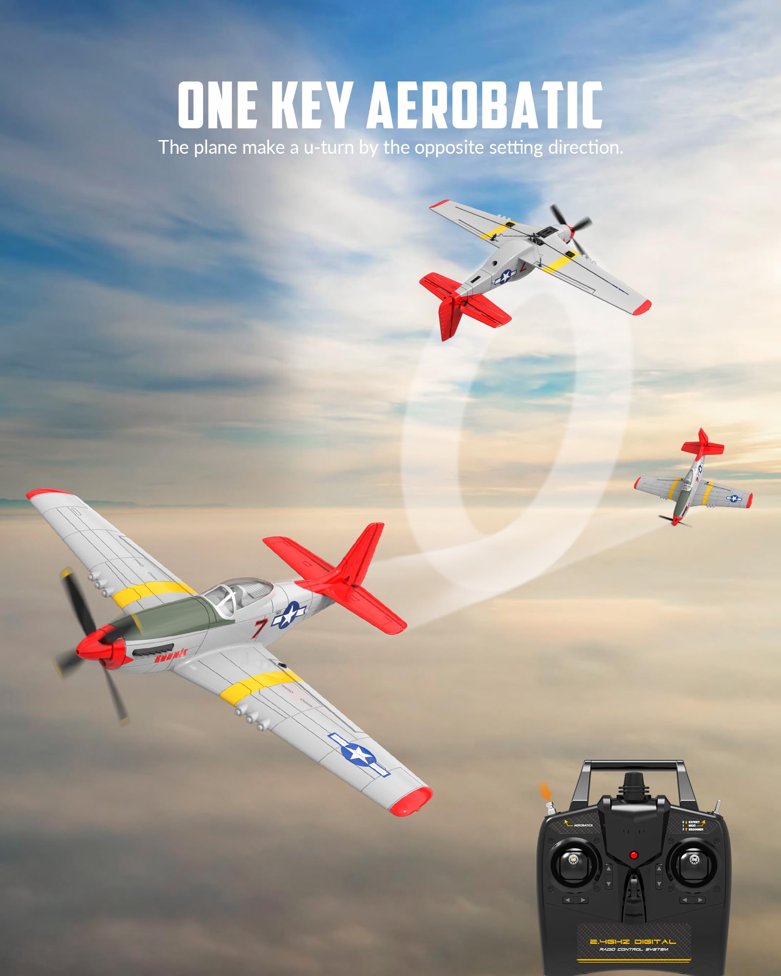 VolantexRC P51D Mustang Red aerobatics action shot, showing precise control during maneuvers.