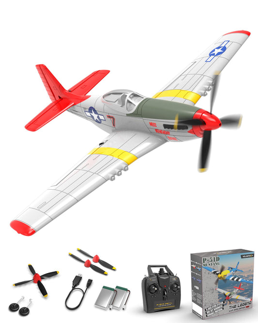 VolantexRC P51D Mustang Red front view, emphasizes stability for beginner-friendly handling.