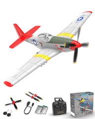 VolantexRC P51D Mustang Red front view, emphasizes stability for beginner-friendly handling.