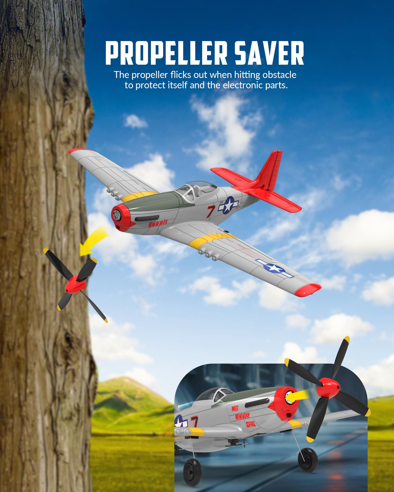 VolantexRC P51D Mustang Red remote transmitter in hand, signaling easy setup and responsive controls.