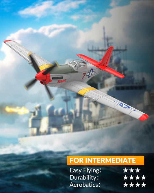 VolantexRC P51D Mustang Red side view, highlights scale detail and aerodynamic silhouette.