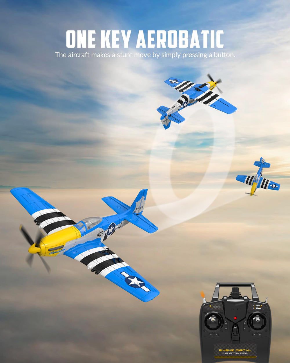 VolantexRC P-51D Mustang remote transmitter with reliable 2.4GHz link for responsive control