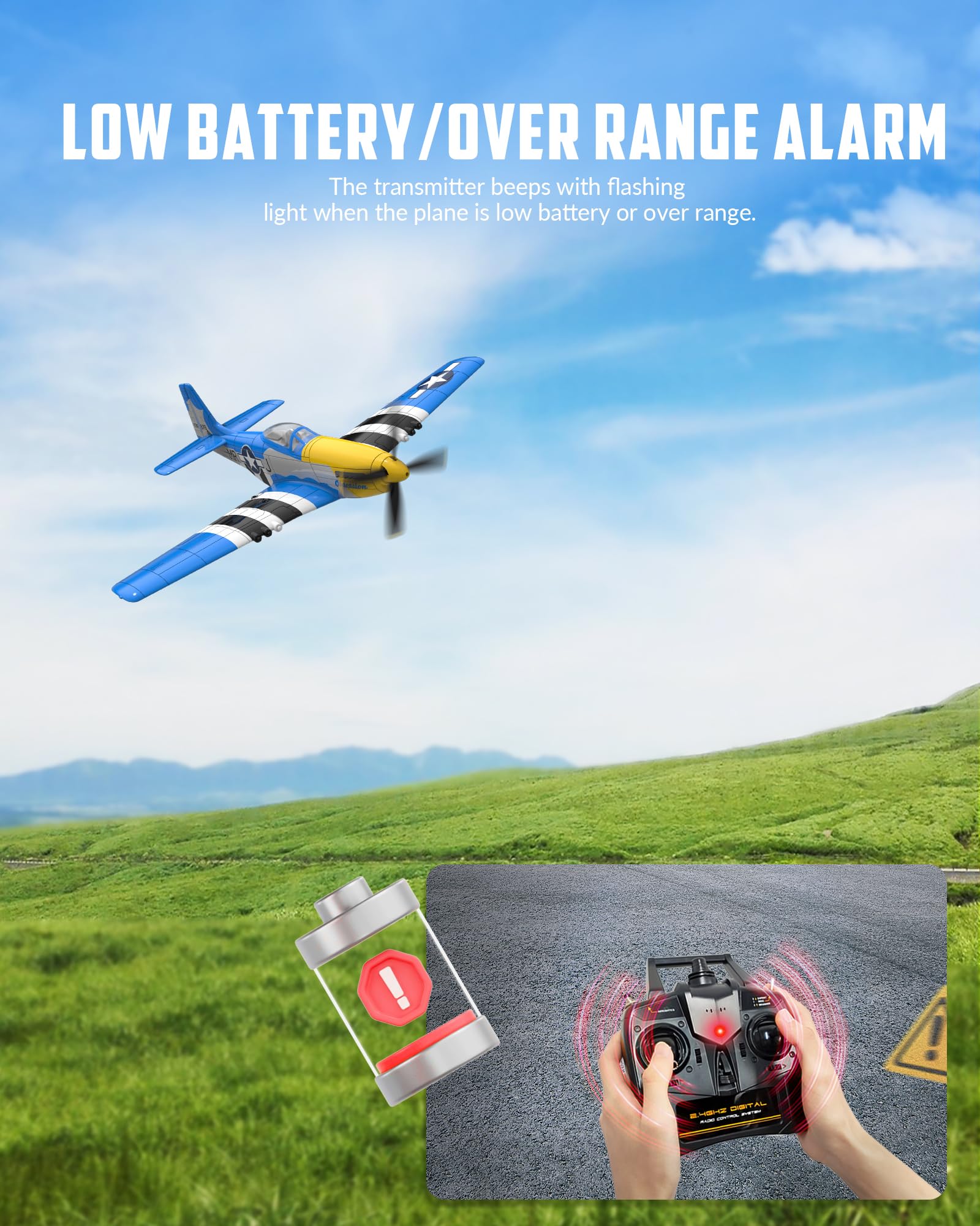 VolantexRC P-51D Mustang stable-hover shot showing auto hover ease