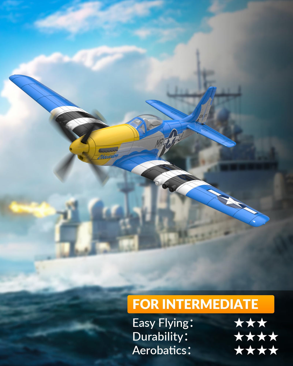 VolantexRC P-51D Mustang top view highlights blue design for outdoor flights