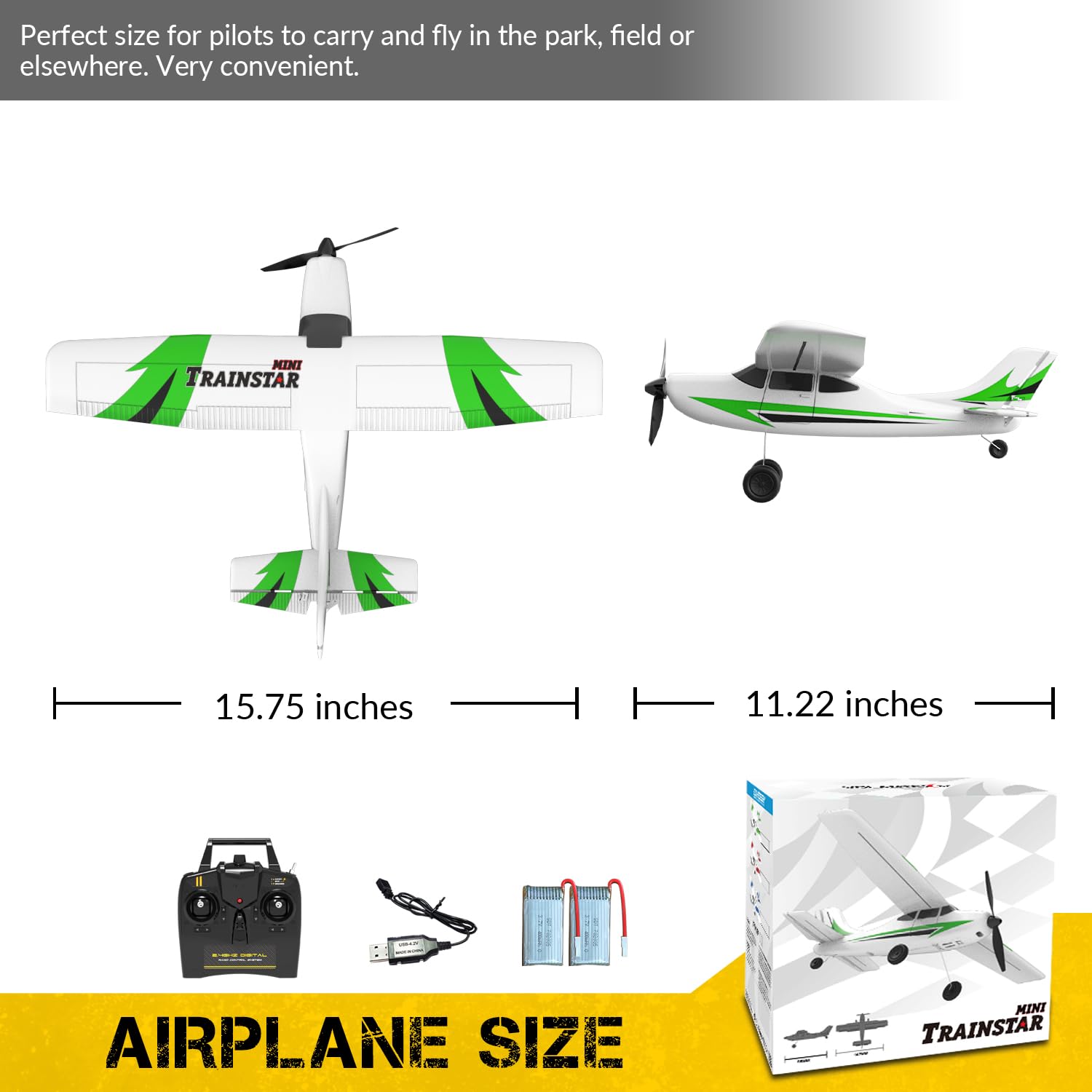 VolantexRC RC Plane Trainer 400mm-green airframe for portable practice.