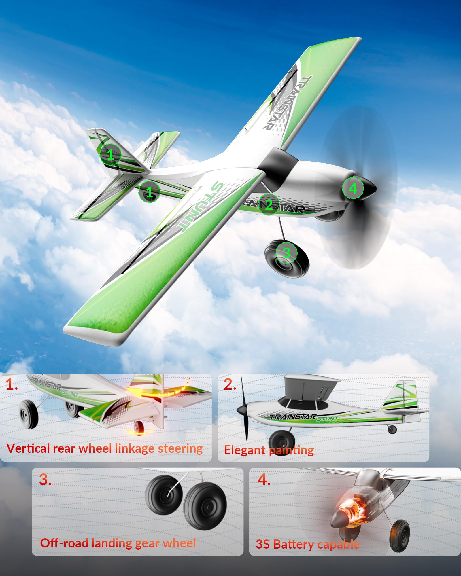 Volantexrc TrainStar 500mm green durable landing gear supports takeoffs.