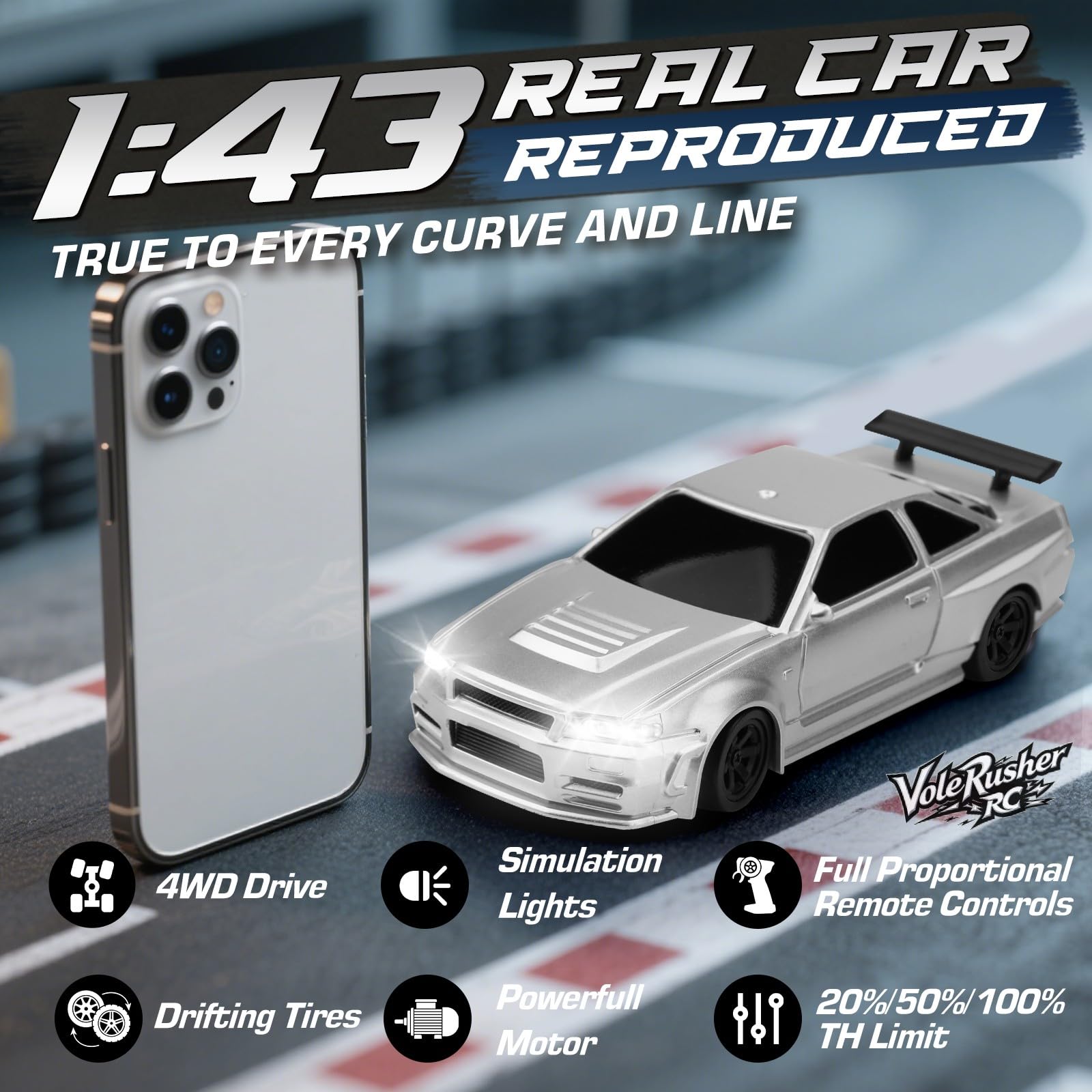 VoleRusher RC 1/43 mini drift car side view, compact desk-friendly design.