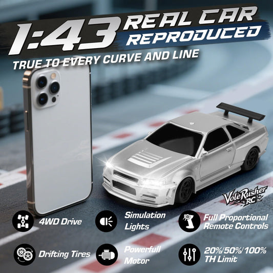 VoleRusher RC 1/43 mini drift car side view, compact desk-friendly design.