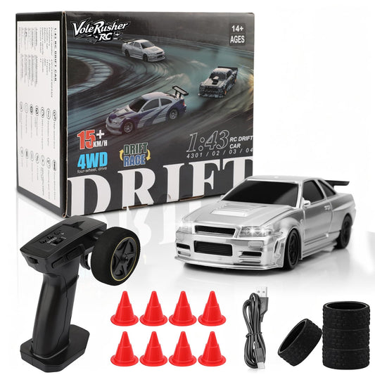 VoleRusher RC 4WD mini drift car – front view shows precise steering range for indoor drifts.