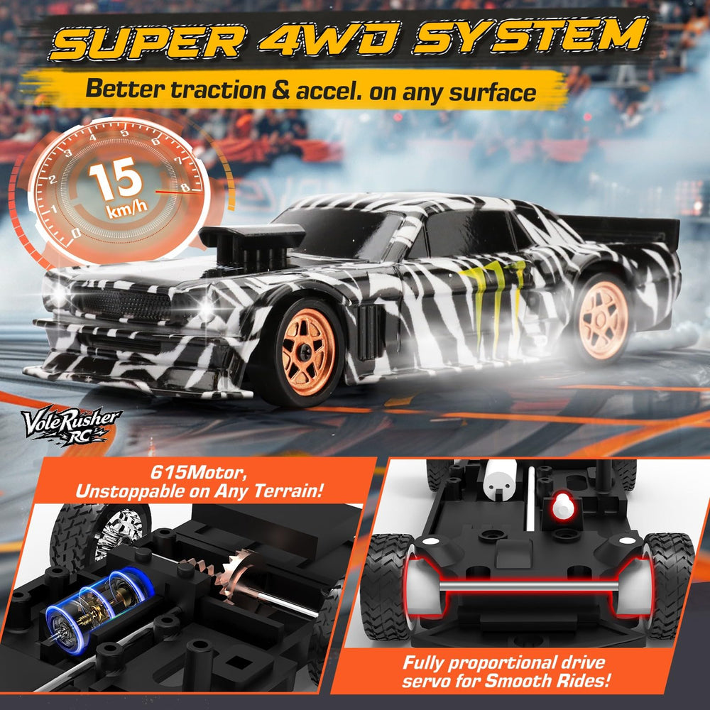 VoleRusher RC drift car charging setup demonstrates quick Type-C recharge for extended sessions.