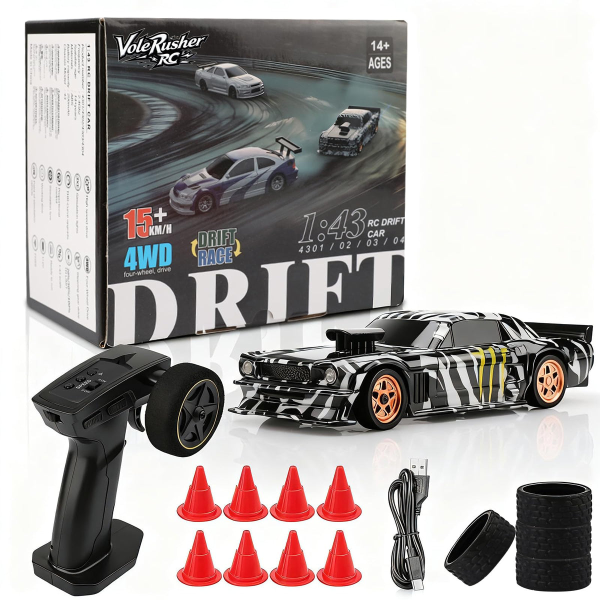 VoleRusher RC drift car front view highlights precise 2.4 GHz control for tight indoor turns.