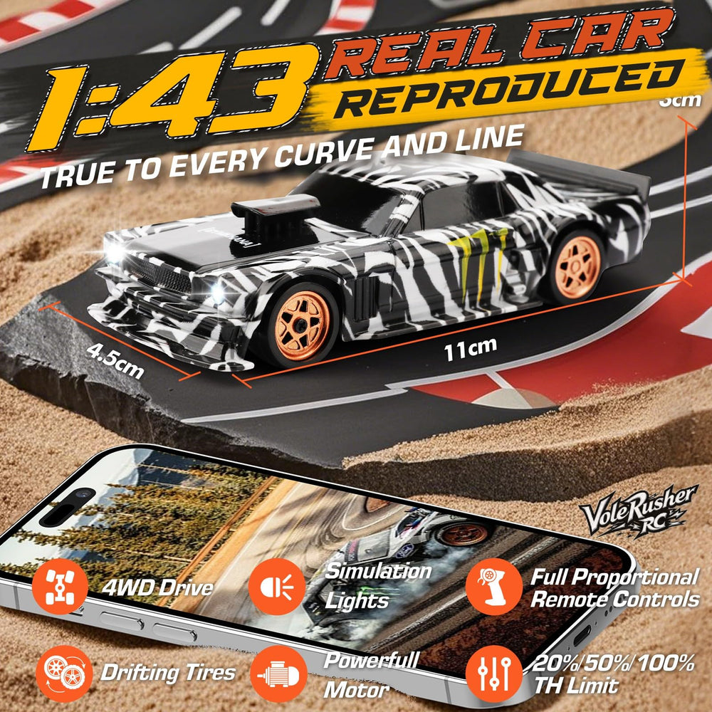 VoleRusher RC drift car rear view with LEDs enhances visibility during nighttime play.