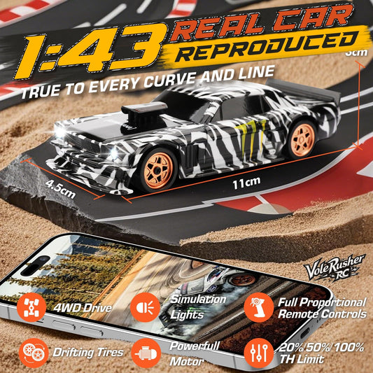 VoleRusher RC drift car rear view with LEDs enhances visibility during nighttime play.