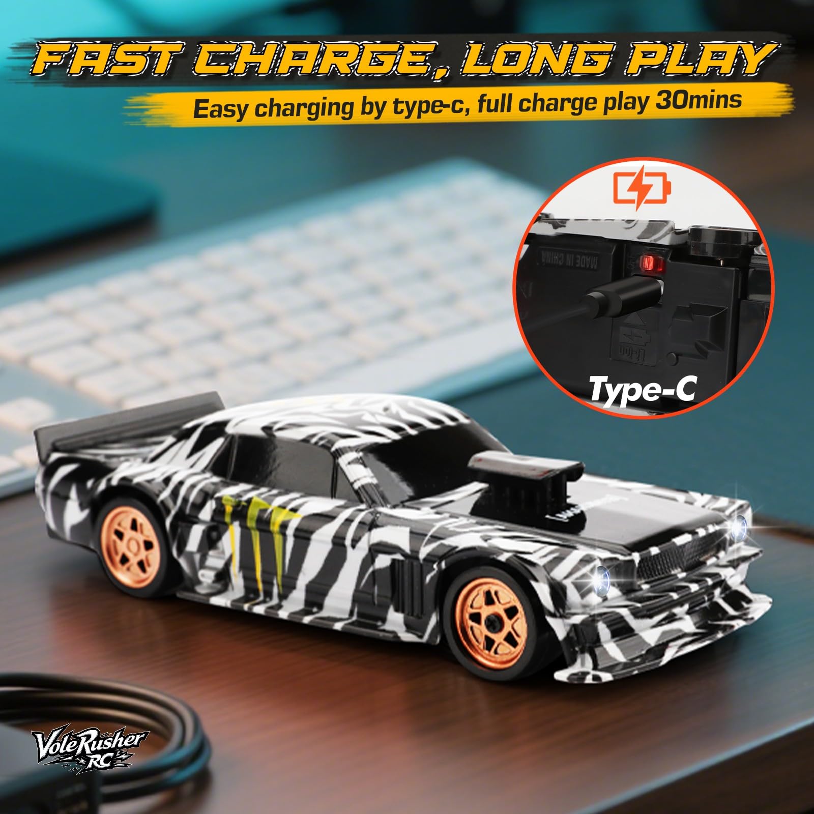 VoleRusher RC drift car wheel-set image highlights grip tires for versatile racing.