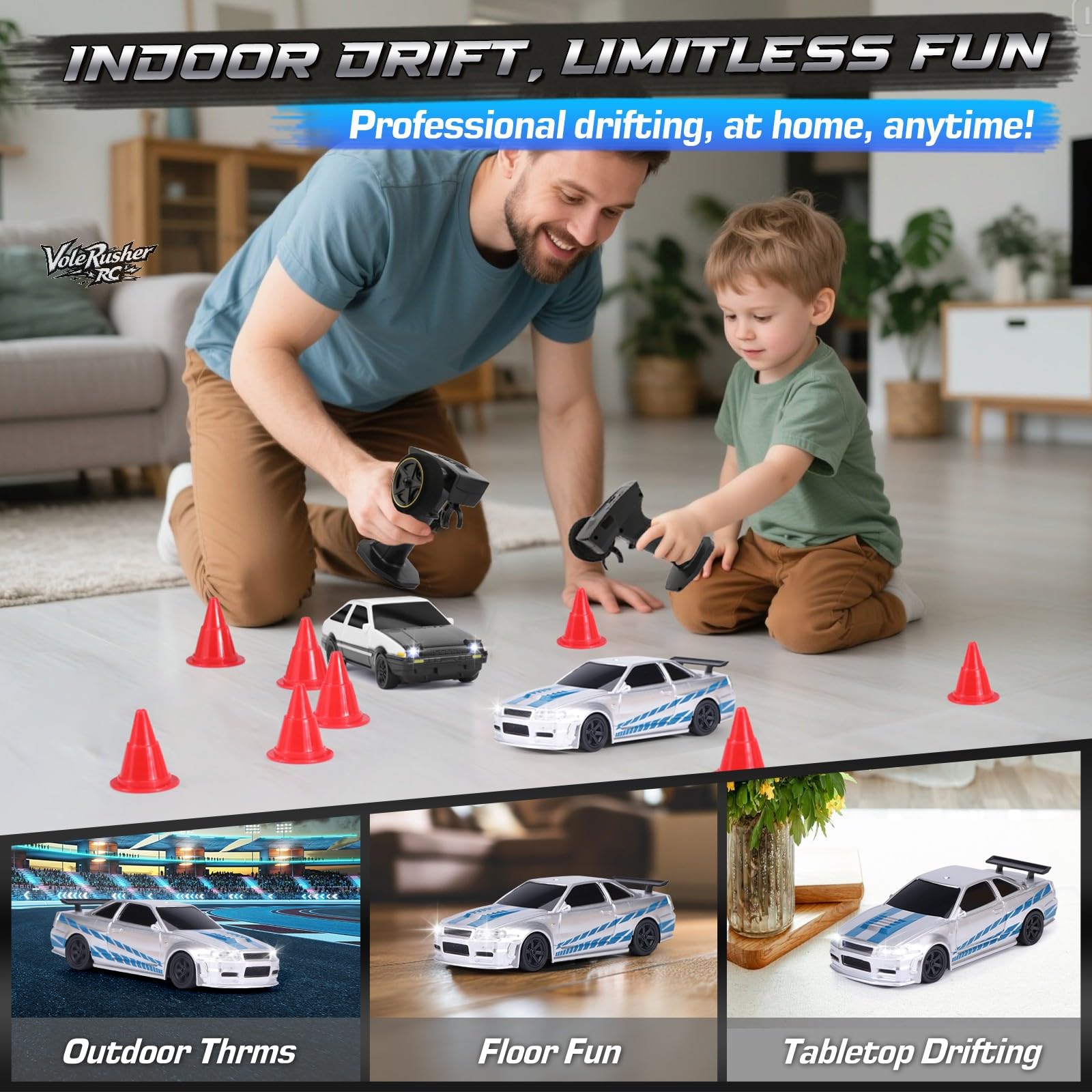 VoleRusher RC mini drift car top-down view highlights compact scale and easy handling.