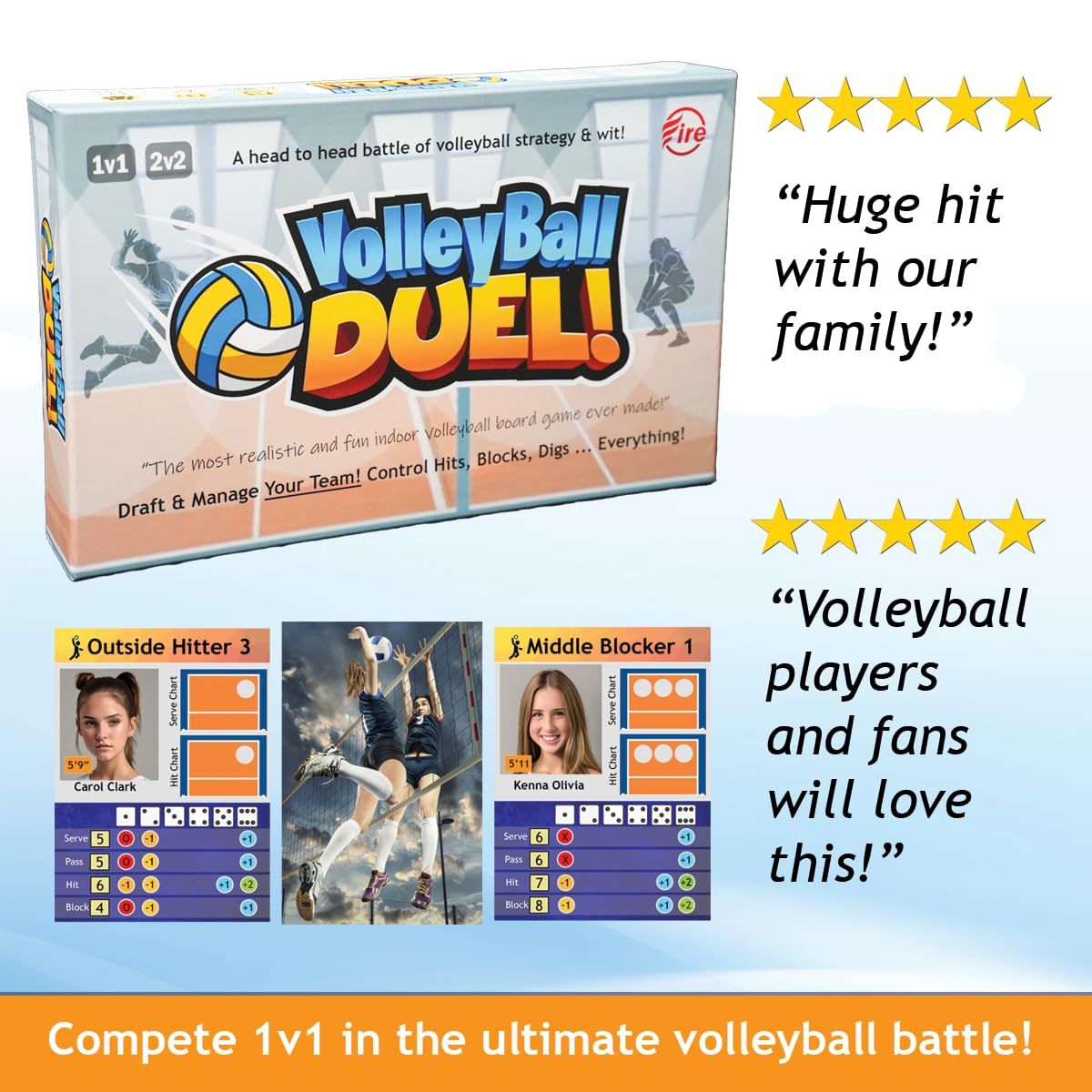 Volleyball Duel volleyball token and score markers track score for competitive rounds.