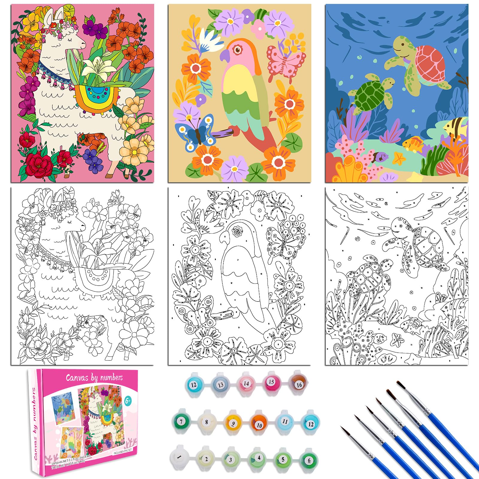 Volmop 3-pack alpaca canvas painting kit for kids boosts creativity with colorful details.
