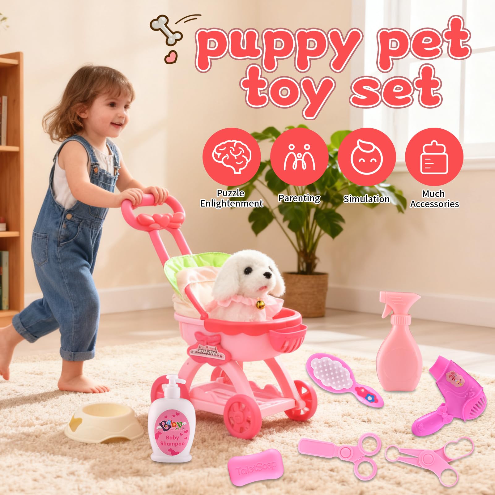Volmop dog bowl enables pretend meals during playtime.