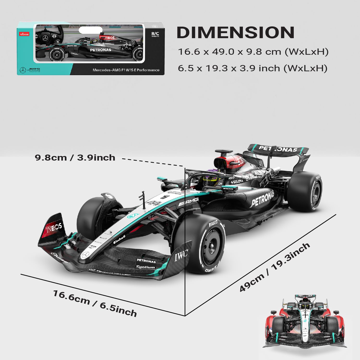 Voltz Toys Mercedes-AMG F1 W15 RC car detailed body with grip tires for realistic racing feel.