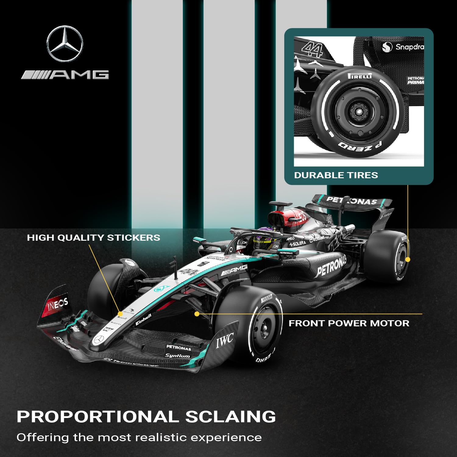 Voltz Toys Mercedes-AMG F1 W15 RC car remote control enables precise navigation on smooth surfaces.