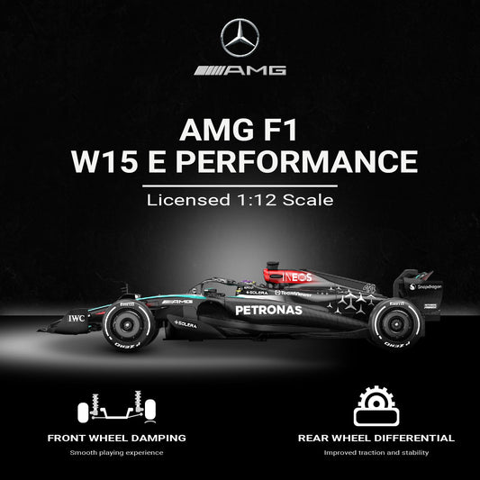 Voltz Toys Mercedes-AMG F1 W15 RC car side profile emphasizes sleek aerodynamic styling.