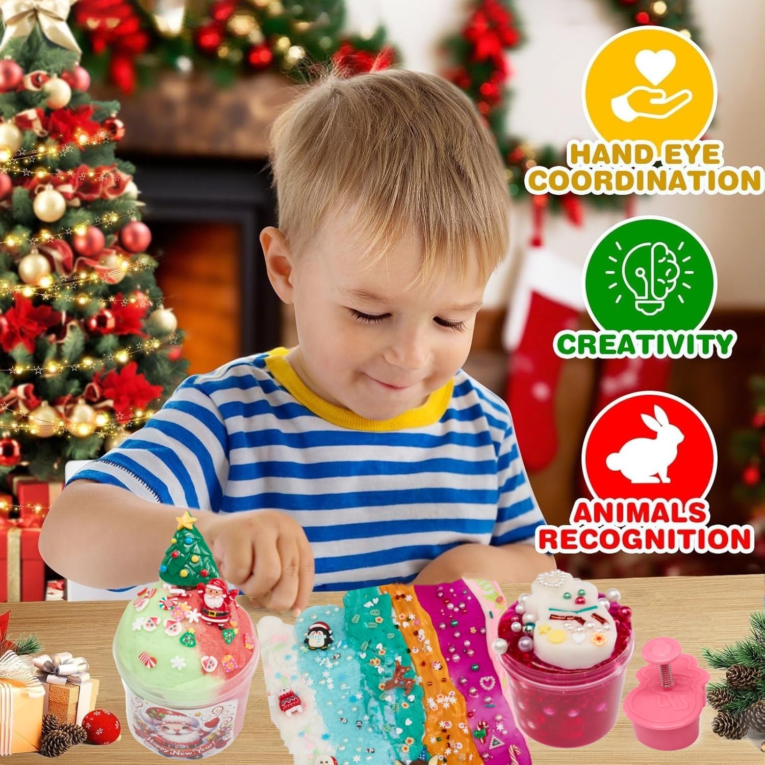 Vomkela crystal clear slime glows with gold powder for dazzling visuals.