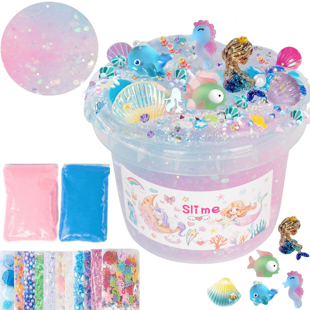 Vomkela Mermaid Slime Kit clear slime bucket for creative play and mindful focus.