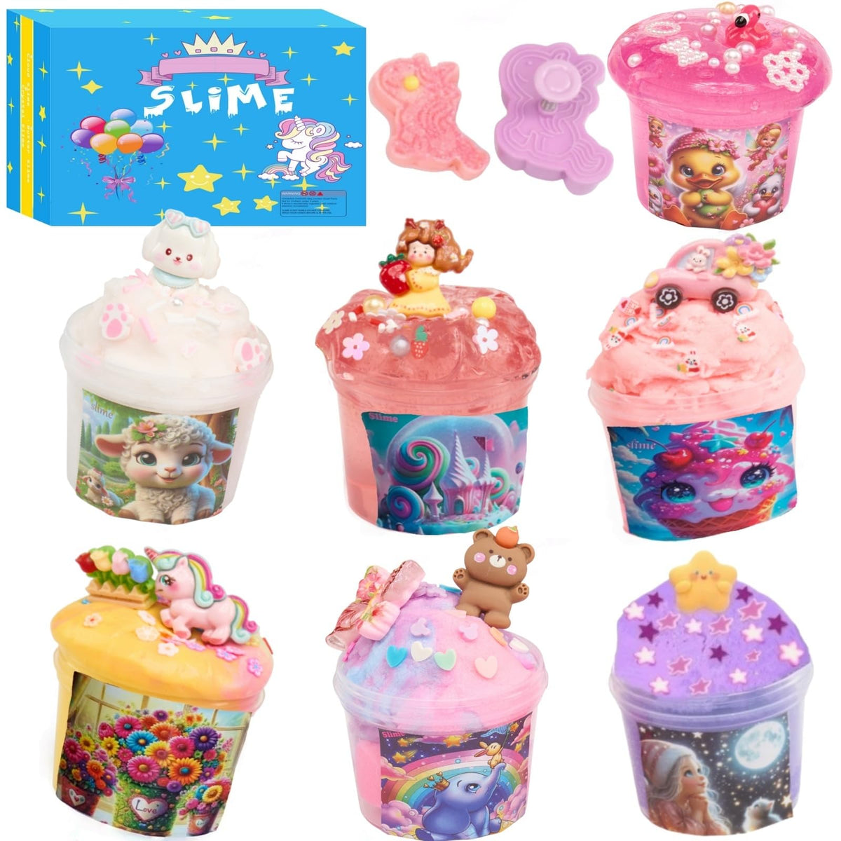 Vomkela Slime 7 cloud slimes close-up for sensory play and stress relief