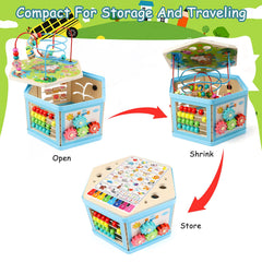 Vomocent bead box stool demonstrates stability and multi-use play space.
