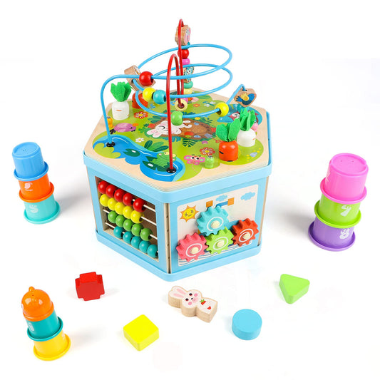 Vomocent activity cube bead maze promotes hand-eye coordination and sensory exploration.