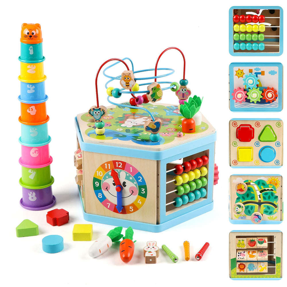 Vomocent wooden activity cube clock side supports early time recognition and fine motor skills.