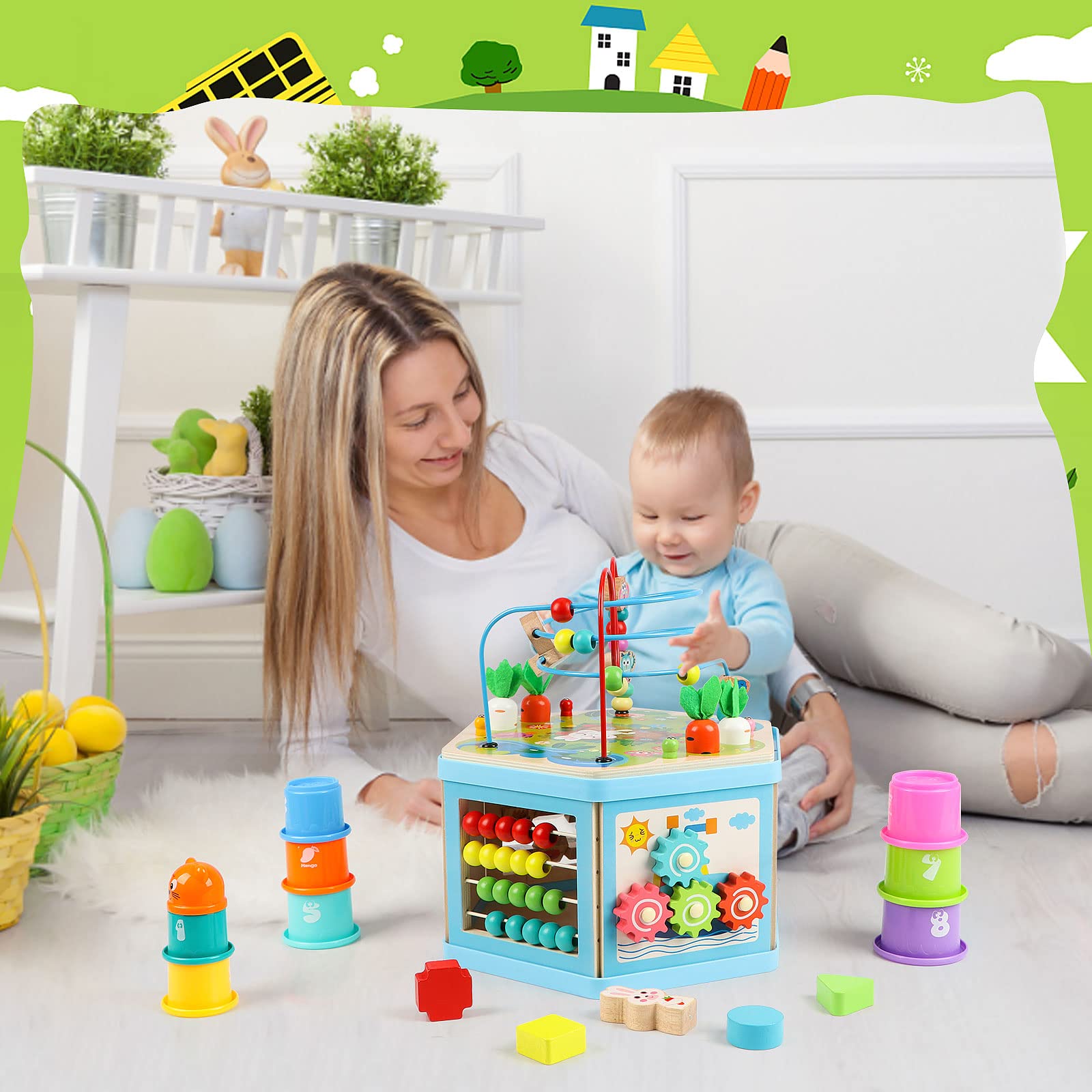 Vomocent cube sliding animals encourages hand dexterity and color recognition.
