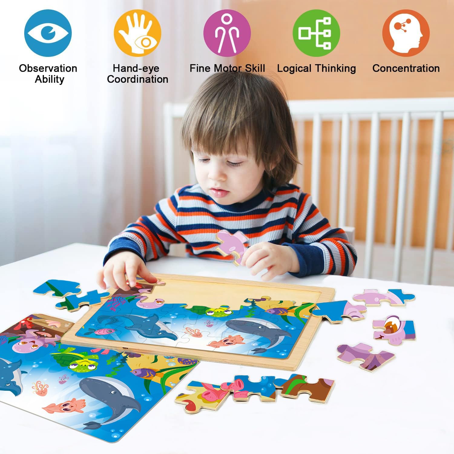 VOMYOZB wooden safari puzzle enhances hand-eye coordination with animal scenes