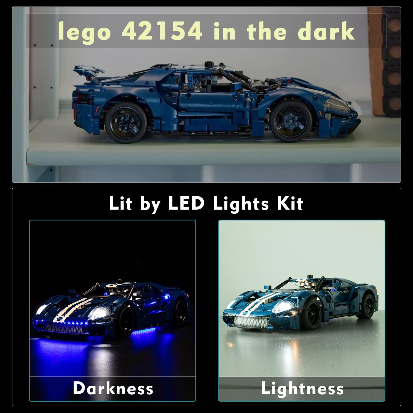 Warm glow along edges from VONADO Ford GT 42154 LED kit.