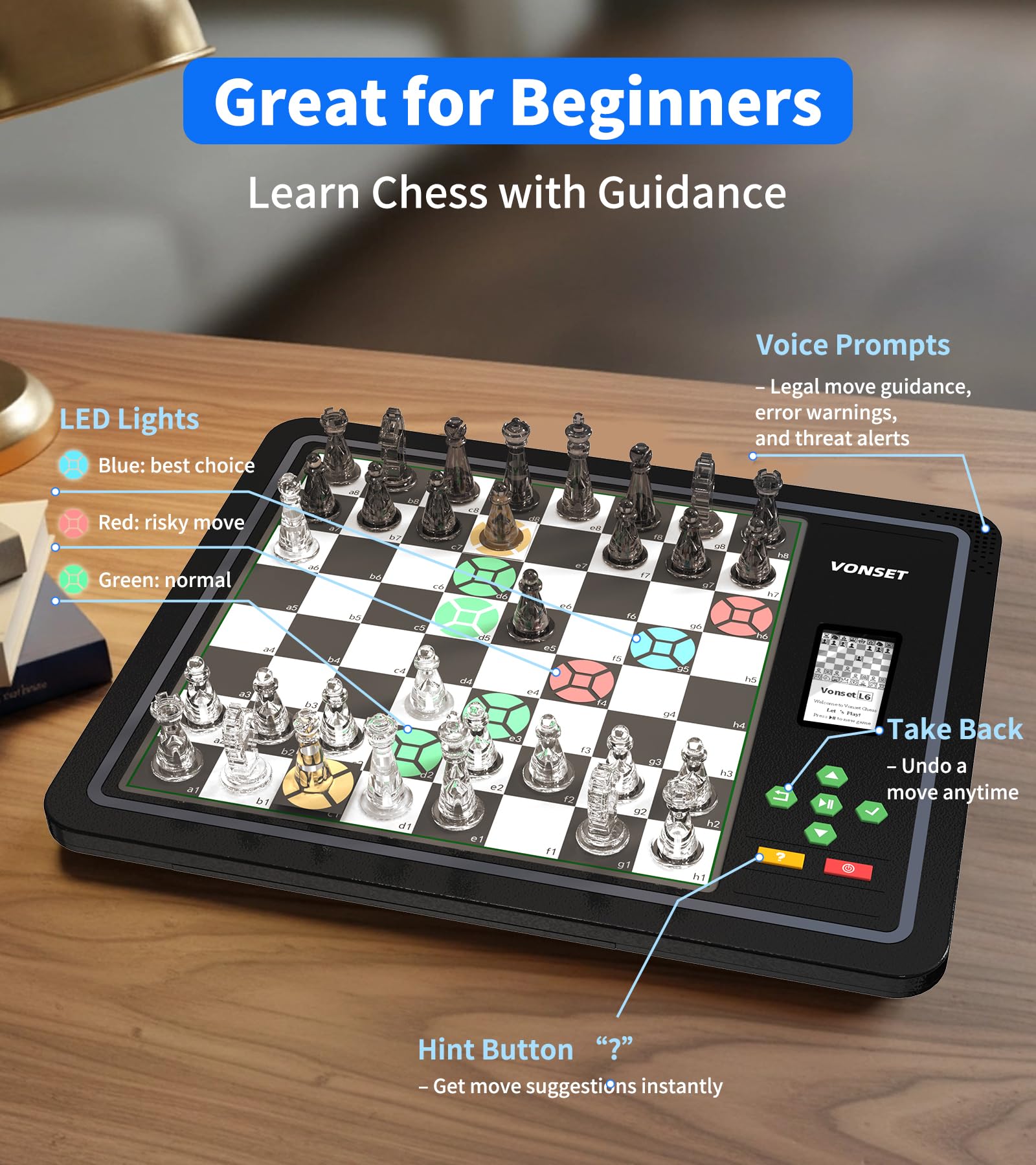 Vonset L6 magnetic chess pieces stay in place during fast games