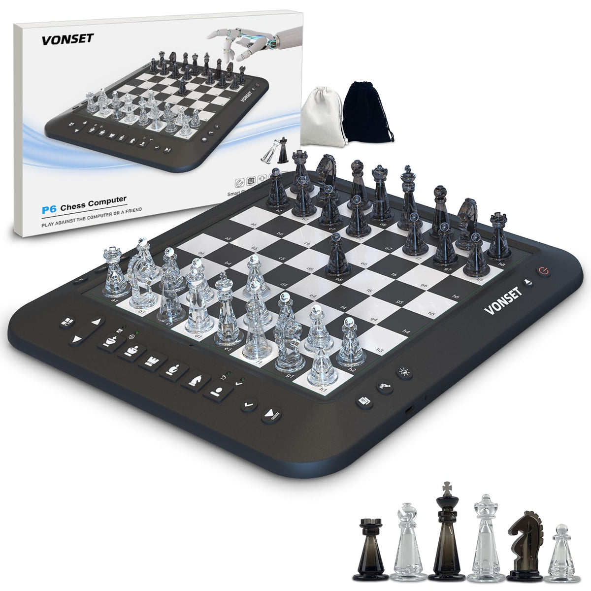 Vonset P6 electronic chess board top view with LED grid for clear play.