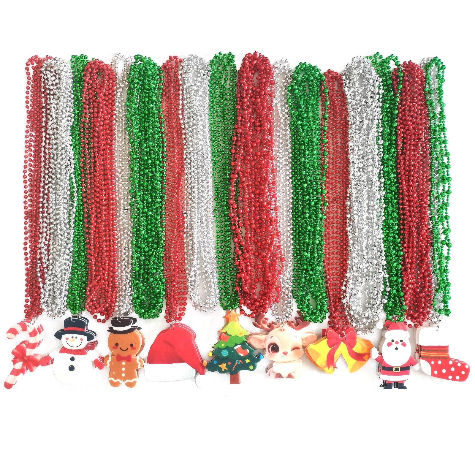 Voopurbic Christmas bead necklaces in a 100-pack displaying red, green and silver tones for festive decor