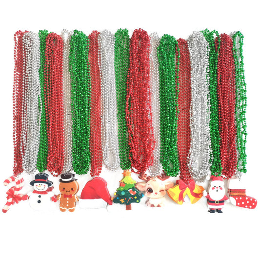 Voopurbic Christmas bead necklaces in a 100-pack displaying red, green and silver tones for festive decor