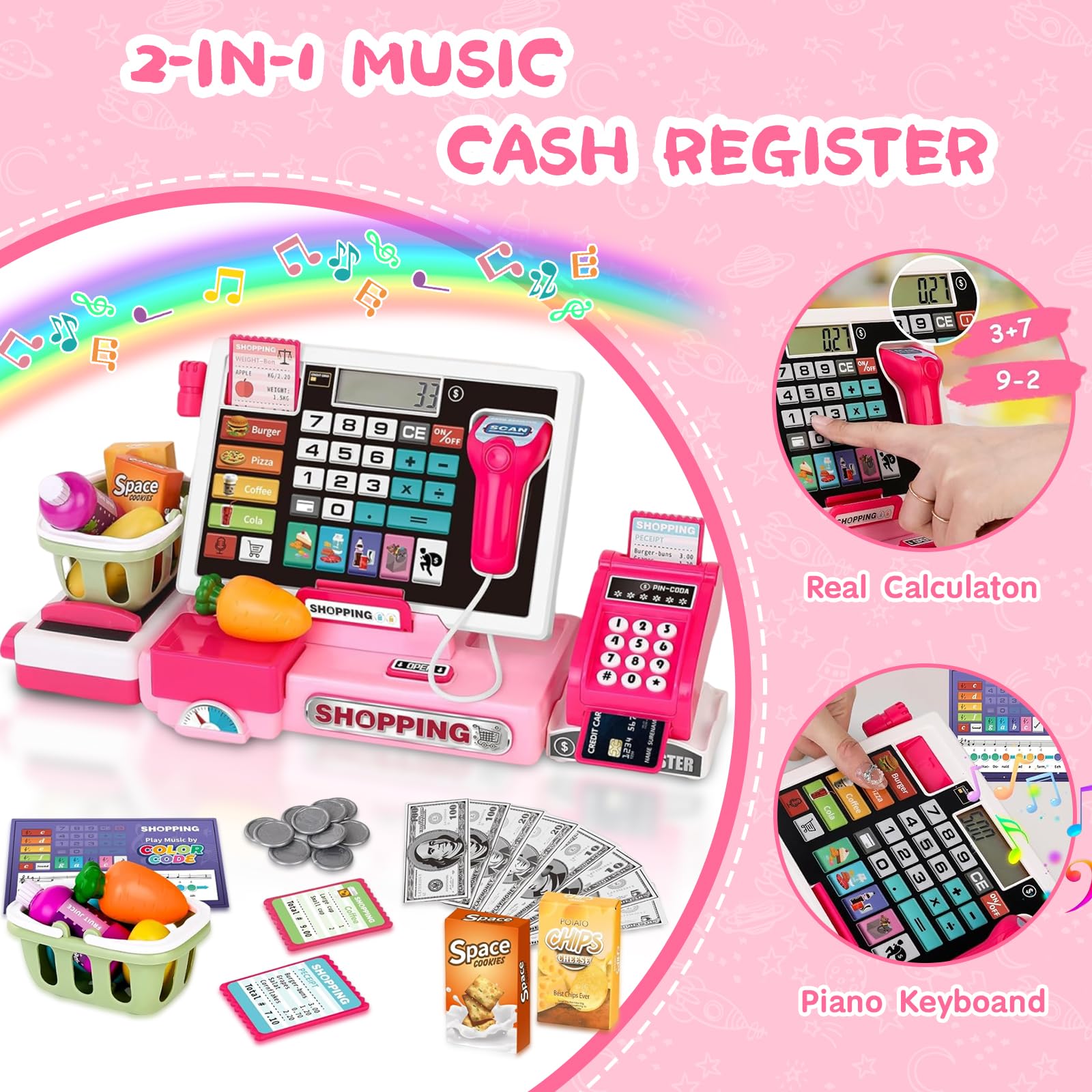 VOPOGLNE cash register playset showing piano music mode and light effects