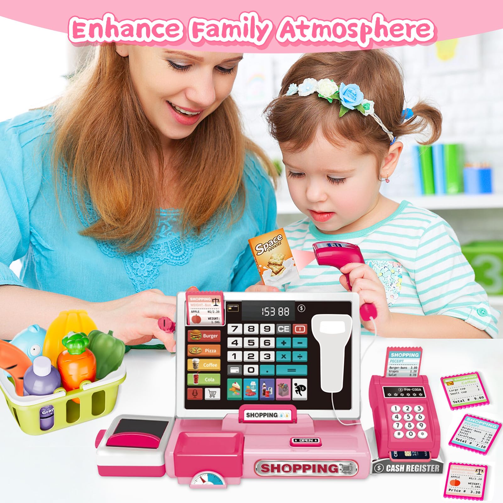 VOPOGLNE cash register playset shopping basket for organized pretend shopping