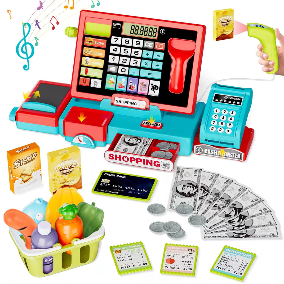 VOPOGLNE cash register toy with calculator helps kids practice basic math in playful shopping scenes.