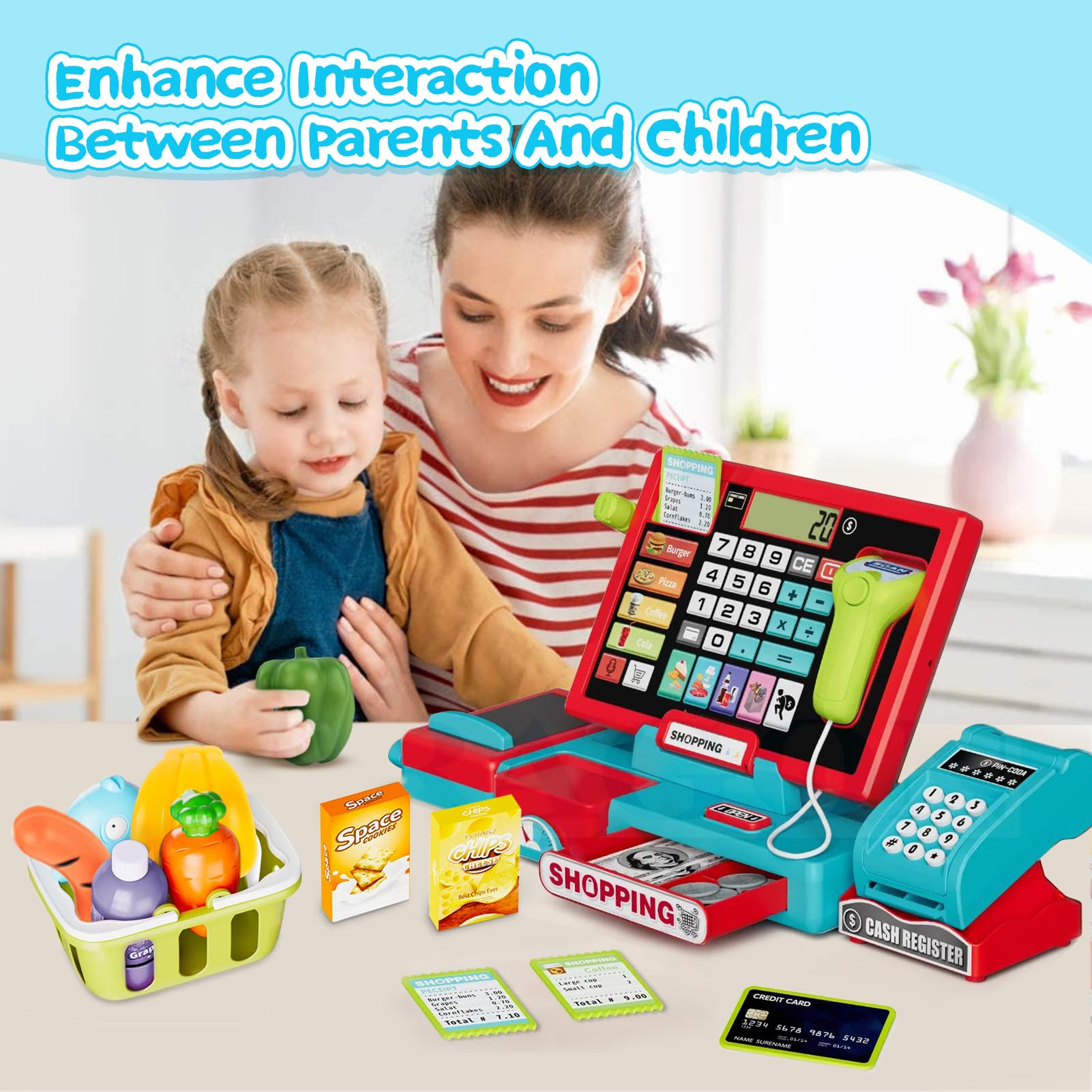 VOPOGLNE cash register toy features a shopping basket for organized checkout play.