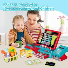 VOPOGLNE cash register toy features a shopping basket for organized checkout play.