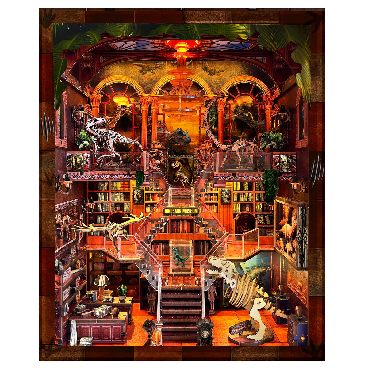 VORATHIS Book Nook Dinosaur Museum with LED lighting enhances shelf display at night.