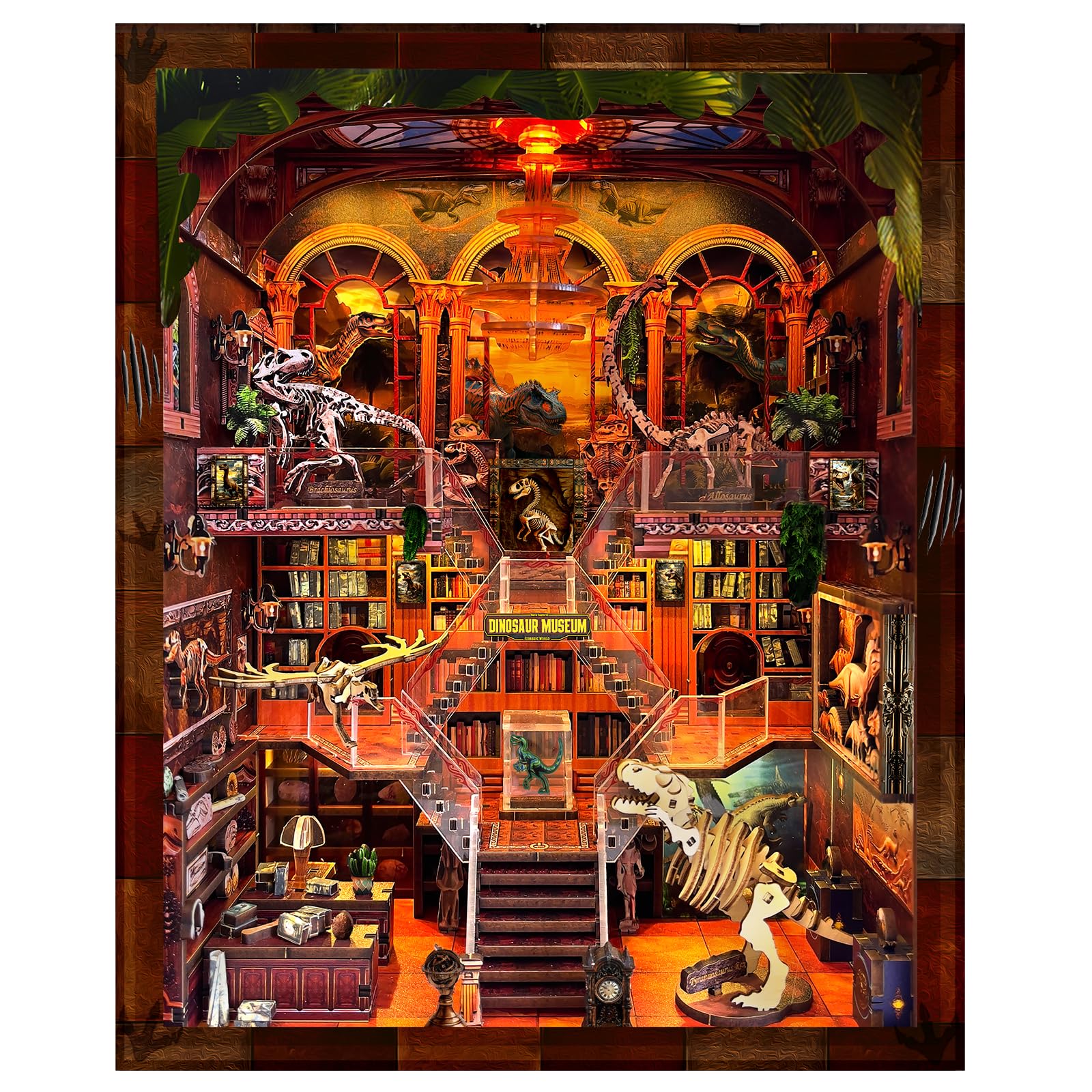 VORATHIS dinosaur museum book nook kit on a shelf adds a illuminated educational display.