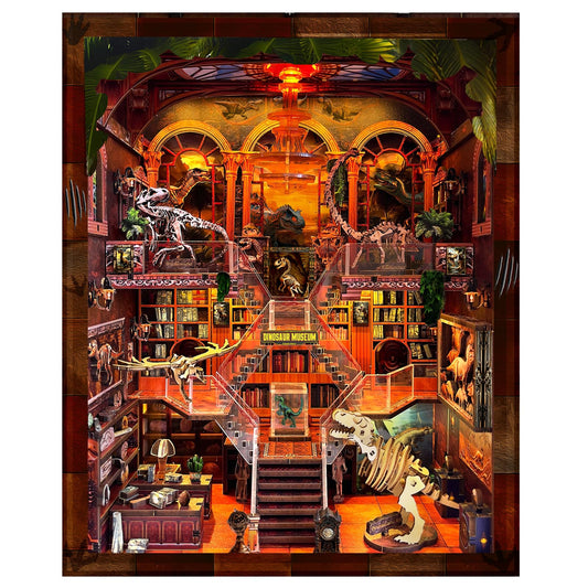 VORATHIS dinosaur museum book nook kit on a shelf adds a illuminated educational display.