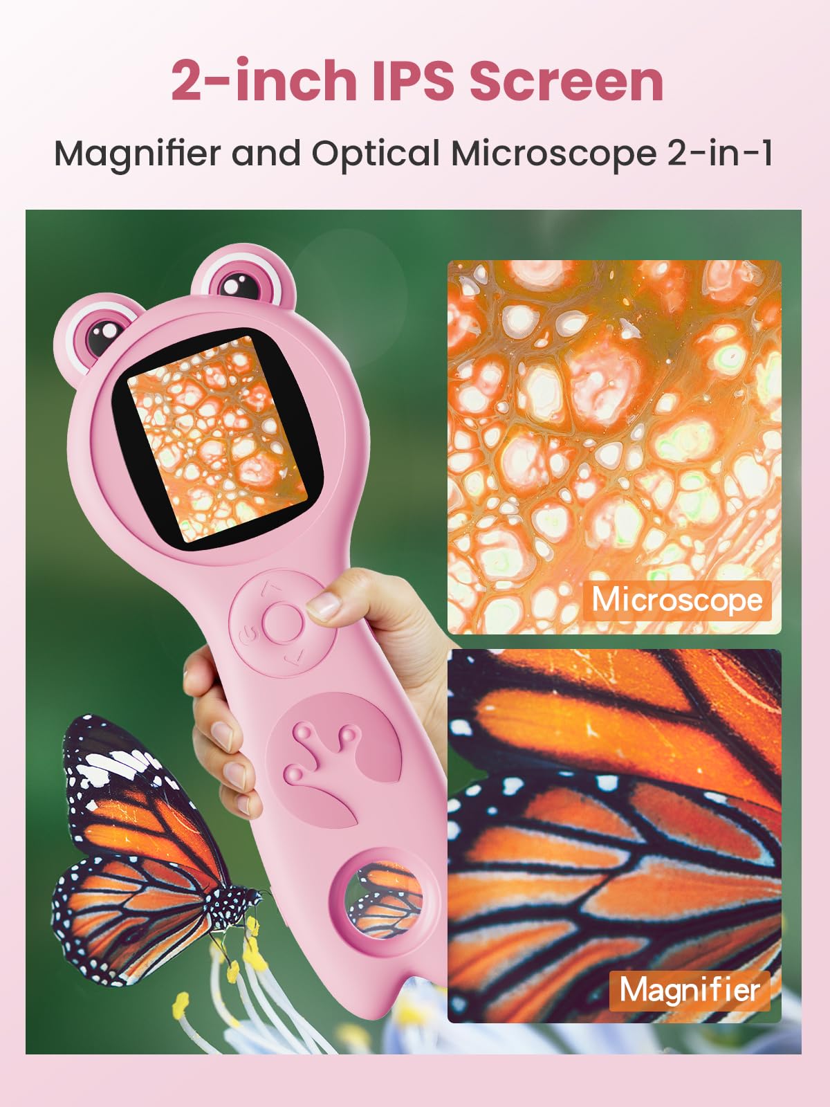 Vorth kids microscope 2 inch screen displaying close-up specimens in real time